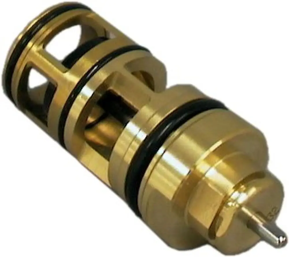 Einsatz für ein Dreiwegeventil aus Metall mit goldfarbener Oberfläche und schwarzem O-Ring, möglicherweise von Bosch, zur Regelung von Flüssigkeitsströmen.